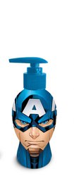  A blue and white bottle with a superhero design, likely containing a kids' bath product like bubble bath or shampoo. The bottle has a pump dispenser and features the iconic Captain America shield and mask design.
