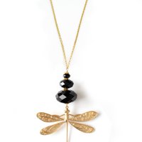Long 18K gold plated dragonfly necklace with black crystals