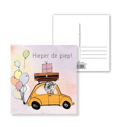 Colorful postcard with a car carrying a birthday cake and balloons. The text "Hieper de piep!" is written on the card, indicating a birthday celebration.
