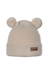  Cozy beige knitted beanie with two fuzzy pom-poms, perfect for keeping little ones warm. Made from 100% merino wool for softness and durability.