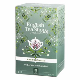 White tea, matcha, and cinnamon organic tea in a box of 20 tea bags.