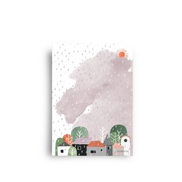 'Postcard with illustration of houses and nature after rain, with text "after rain comes sunshine".'

The image shows a postcard with an illustration of a rainy, cloudy landscape. In the foreground, there are several small houses or buildings. The sky is gray and rainy, but in the top right corner, there is a small sun peeking through. The text on the postcard reads "after rain comes sunshine".