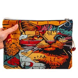 Colorful, patterned makeup pouch featuring a close-up image of a cat's face. The pouch is made of durable, textured material and measures approximately 28x20cm.