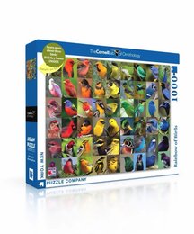 A 1000-piece jigsaw puzzle featuring a collage of colorful birds. The puzzle showcases a variety of bird species in vibrant hues, including parrots, finches, and songbirds.