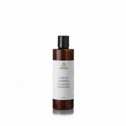 After sun face and body moisturizer, 250 ml, sunscreen category, brown bottle with white label.