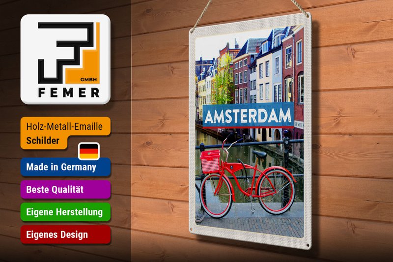 Tin sign travel 30x40cm Amsterdam travel destination bicycle