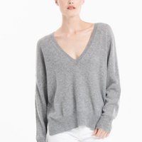 NAMI 23 Pull col V en cachemire avec bande couleur gris/mandarine