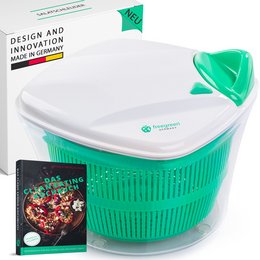 A green and white salad spinner with a clear bowl and a textured lid. The product is designed for use in food processors and has features like a patented drying mechanism and extra-large capacity.