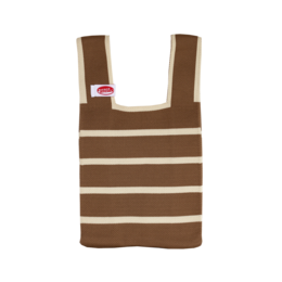  Brown and white striped tote bag with a simple, modern design.