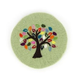 Felt trivet with a colorful tree of life design, featuring a stylized tree with vibrant leaves in various colors.