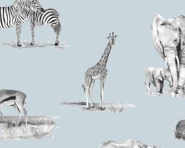 Carta da parati per bambini Safari Animals - Colore blu monocromatico