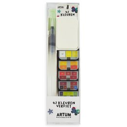 Watercolor paint set with 42 vibrant colors in a variety of hues, including primary colors, secondary colors, and earth tones. The set includes a water brush pen for easy application and blending.