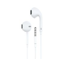  White wired stereo earbuds, 3.5mm jack, 1.2m cable, compatible with phones and devices.