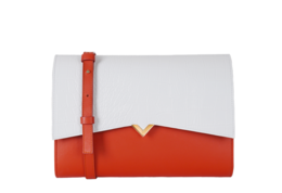 Orange leather base with white croco flap handbag. Features a red strap and triangular metal accent.