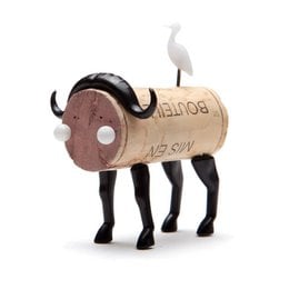 Wooden bottle stopper in the shape of a buffalo with black horns and legs. Unique gift for wine lovers.
