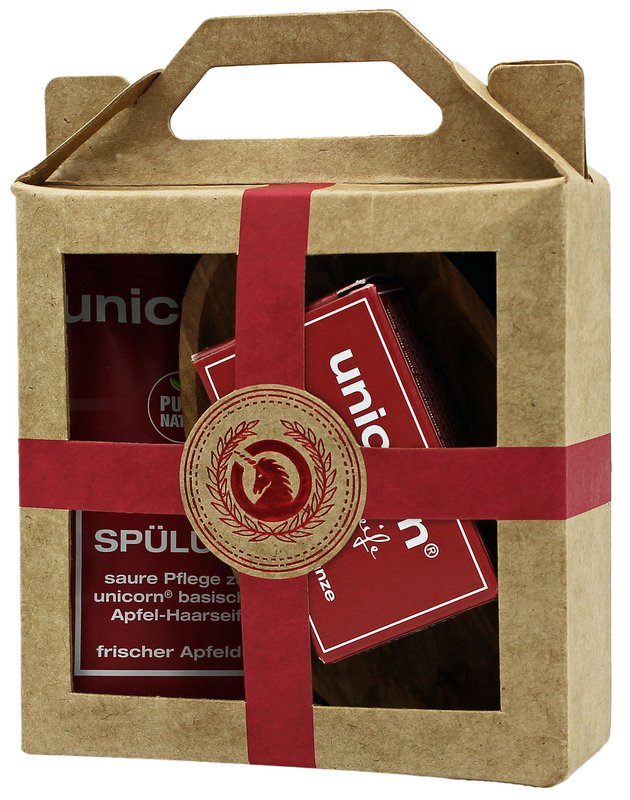 Geschenk-Set mini-Apfel Haarseife 16g, sauer Spülung 10ml, Olivenholzschale klein