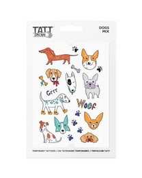 Colorful temporary tattoos featuring various dog breeds and designs, including a dachshund, corgi, and other playful canine motifs. The tattoos can be applied to the skin for a fun, whimsical look.