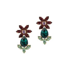 Tropical flower earrings with small burgundy and green gemstone flowers on a gold-tone setting.