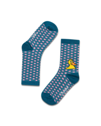 Turquoise and pink kids' socks with a polka dot pattern and a duck embroidered on the side.