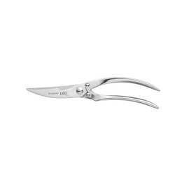 Silver-colored poultry shears with a curved blade and a legacy design. Suitable for cutting and trimming poultry and other meats.