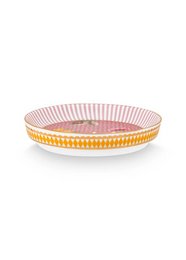 Pink and white striped ceramic plate with yellow and pink floral design.