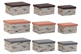 Set of 3 storage boxes in various sizes, with wooden lids and woven fabric sides in neutral colors.