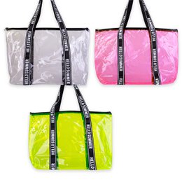 Transparent beach bag in various colors including pink, green, and yellow. Made of durable plastic material with black straps and text detailing.