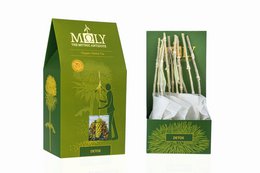 Herbal tea detox with real herbal stems, packaged in a green box with a silhouette design.