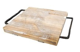 A large, square wooden trivet with a metal frame, designed to hold pots and pans up to 20 inches in diameter.