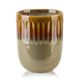 A ceramic mug with a unique glazed pattern in shades of brown and tan. The mug has a cylindrical shape and a smooth, glossy finish.