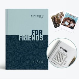 "For Friends" book with a dark blue cover featuring a textured pattern. The book appears to be a journal or photo album for friends, with several small photos attached to the cover.