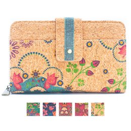 A square-shaped mini cork wallet with a colorful floral pattern. The wallet features a zipper closure and multiple compartments for storage.