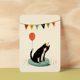 A postcard with a black cat silhouette and colorful party flags, perfect for a birthday celebration.