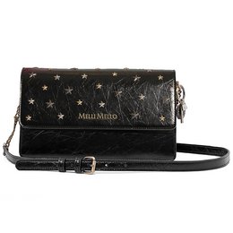 Black leather shoulder bag with gold star pattern, crossbody strap, and zip closure.