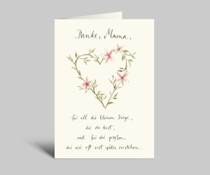 Watercolor card for Mother's Day | Heart of greens and branches | Thank you mom | Folding card + envelope