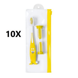 10 X YELLOW JUNIOR SET - TOOTHBRUSH AND SAND CLOCK 2 MINUTES - 8 x 20 x 2 cm