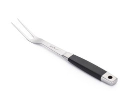 Long stainless steel barbecue fork with black ergonomic handle, ideal for turning and serving food on the grill.