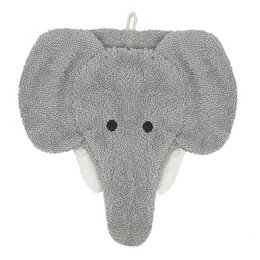 Large gray elephant-shaped washcloth made of soft, absorbent BIO material.