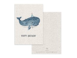 A postcard featuring a whale illustration with the text "Happy Birthday" in a vintage style.