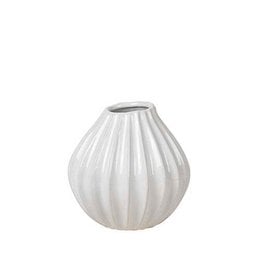 Ivory white ceramic vase, wide round bulbous shape, ribbed textured pattern, modern minimalist design.