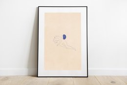 Abstract art print featuring a minimalist line drawing of a reclining figure in neutral tones.