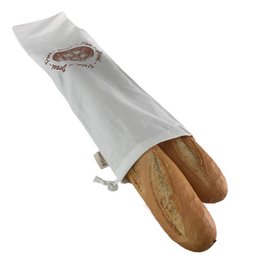 Reusable organic cotton bread bag with a printed design, suitable for carrying baguettes or other bread.