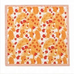 Abstract orange satiny scarf with colorful geometric shapes, 70x70 size, vibrant pattern design.