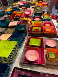 Decorative Capiz Shell Rectangular Plates - Premium Handcrafted Collection. Vibrant colors including pink, purple, orange, yellow, peach, prune, lilac, petrol, storm, khaki, and cream. Rectangular and square-shaped plates made of capiz shell.