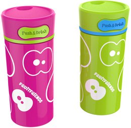  A reusable push-button drinking cup in a vibrant green color with a playful fruit-themed design.