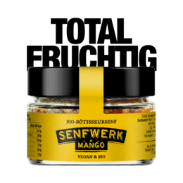  Organic mango mustard in 100ml jar. Features a bold, black and yellow label with the text "TOTAL FRUCHTG" and "SENWERK MANGO".