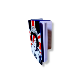 A6 size notebook with a Banksy-inspired Lizzy Stardust design featuring a Union Jack flag and a stylized portrait.