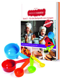 Colorful measuring cup set with a children's baking book. The set includes 5 measuring cups in various bright colors. The book covers baking basics for young chefs.