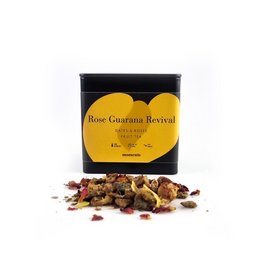 Organic rose guarana tea blend in a tin container, containing dried rose petals, guarana, and other natural ingredients.