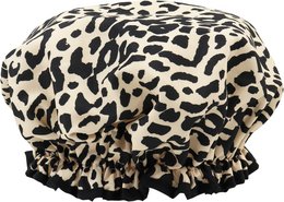Leopard print shower cap with ruffled edge, made of waterproof material for protecting hair during showering.